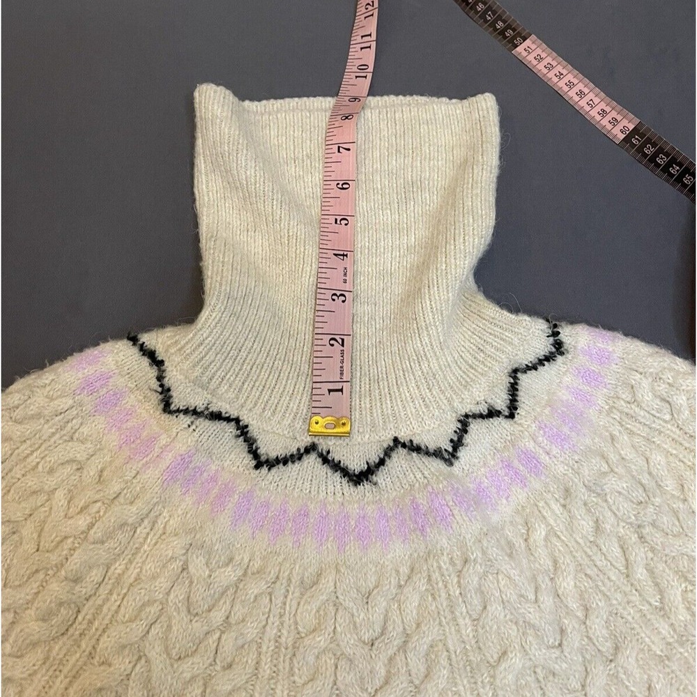 A New Day Womens Sz M Ivory Long Sleeve Turtle Neck Aztec Crochet Fuzzy Sweater - Picture 10 of 10